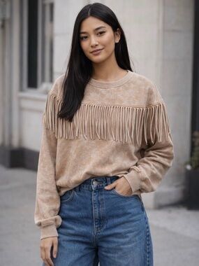 Evereve Tan Bleach Faded Fringe Western Cowgirl Pullover Sweatshirt Size XS